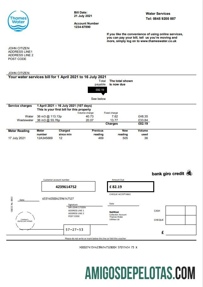Em branco modelo de conta de serviços públicos de água do Tâmisa do Reino Unido em formato Word e PDF